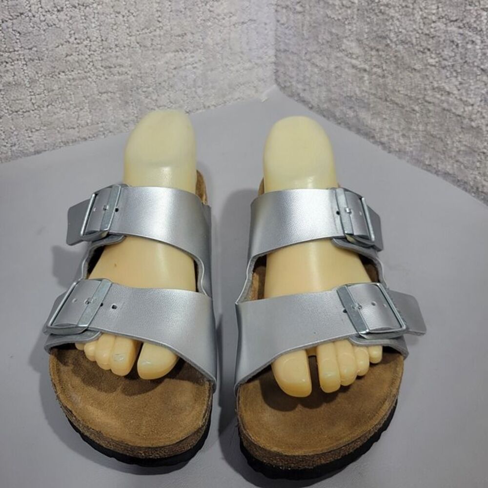 Birkenstock Arizona Soft Footbed Size 39 L8 M6 N Silver Birko Flor Double Straps